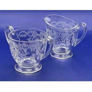 Vintage Clear Etched Depression Glass Fostoria Romance Pattern Cream and Sugar